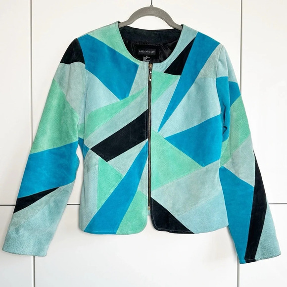 Vintage Y2K Karen Arnold Suede Jacket Blue Green Patchwork Size Medium Zip Front - Picture 1 of 8